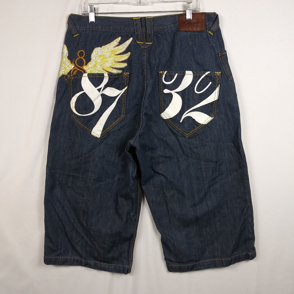 Eight 732 Jean Shorts Wide Leg Baggy Relaxed Embroidered Angel Wings Mens 36 Y2K